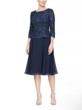 ALEX EVENINGS Navy Embroidered Bodice Mock Cocktail Dress